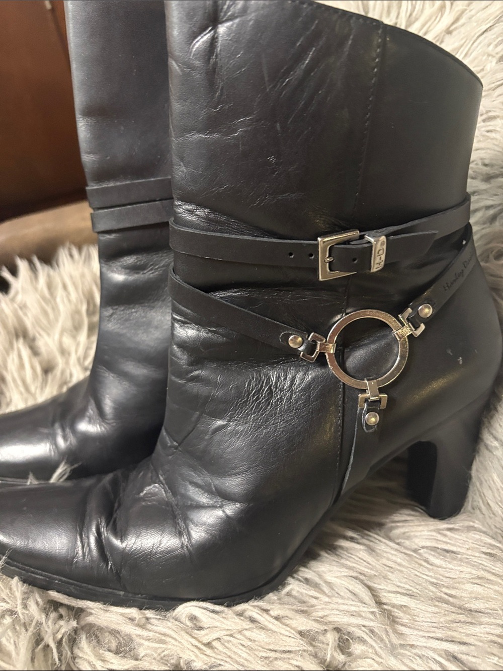 Harley-Davidson Black Leather Mid-Calf Heeled Boots with Silver Ring Accent